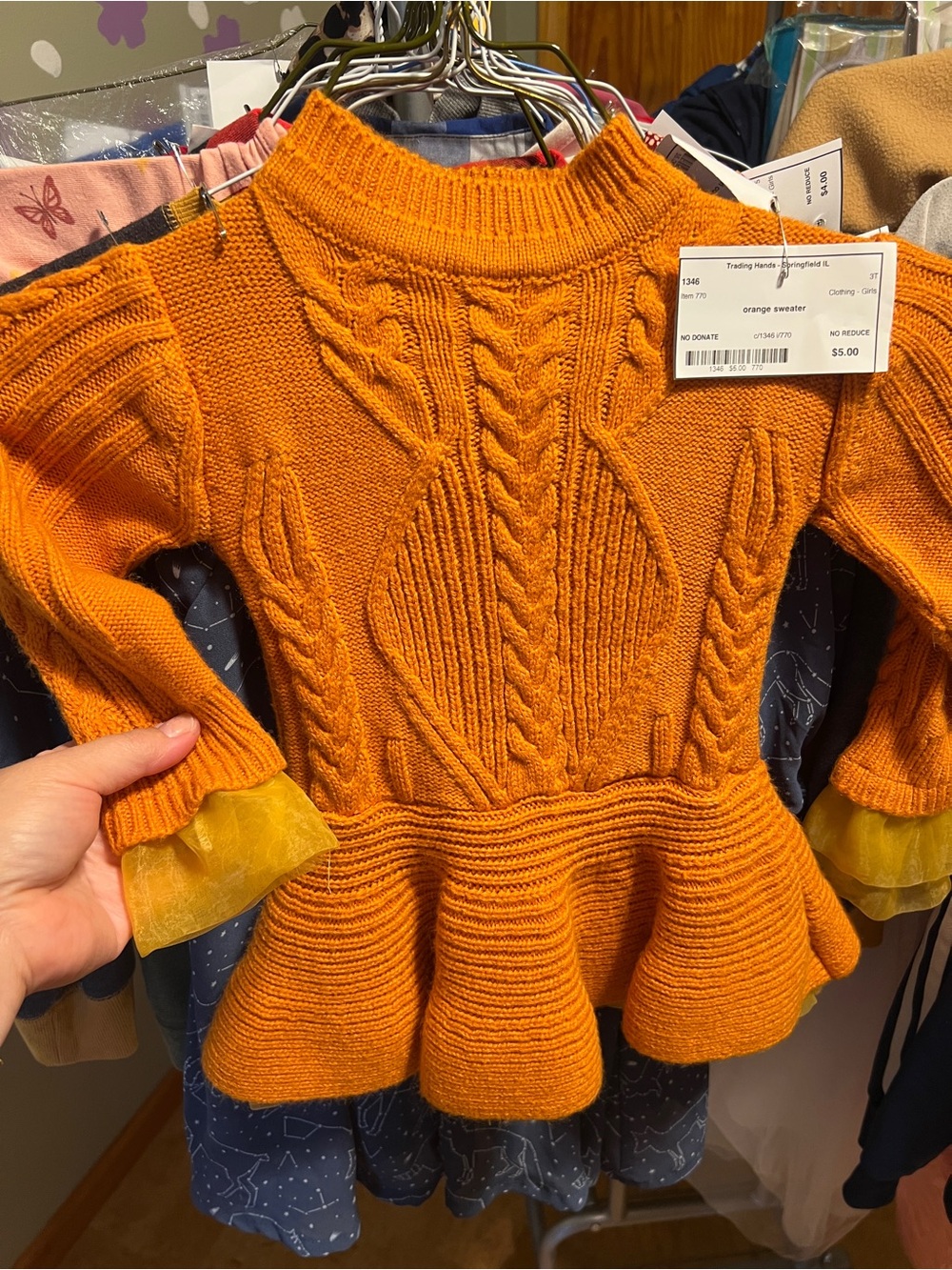 Girls' Orange Cable-Knit Peplum Sweater Dress